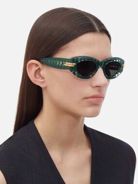 Bottega Veneta Green Striped Oval Acetate Sunglasses with Gold Accents